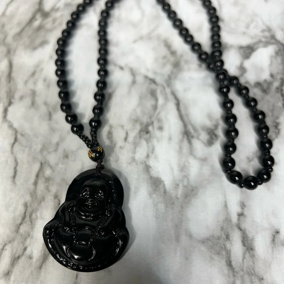 JADE obsidian Black  Hand Carved Maitreya Buddah Pendant Necklace - Picture 8 of 10